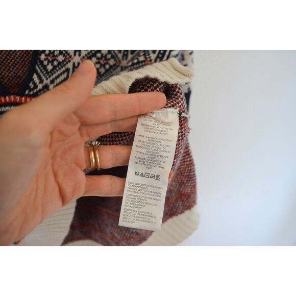 Anthropologie X Maeve Mock V Neck Patterned Knit Fair Isle Sweater Wool Cotton - Picture 6 of 7